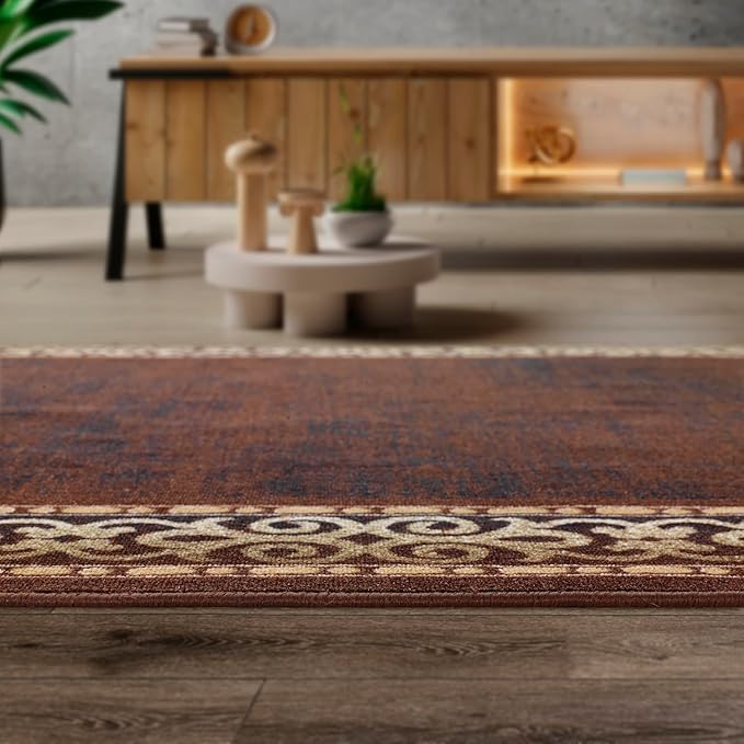 Antep Rugs Alfombras Bordered Modern 3x5 Non-Slip (Non-Skid) Low Pile Rubber Backing Indoor Area Rug (Brown, 3' x 5')