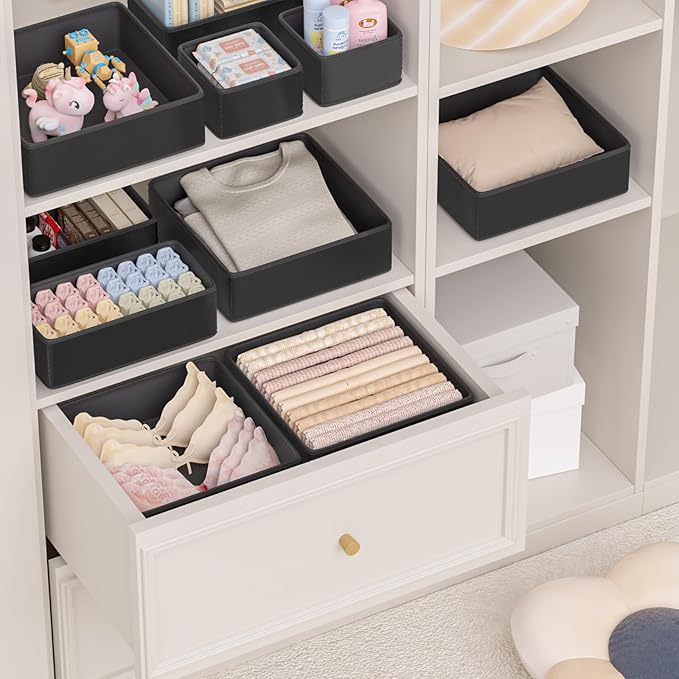 Vegan Leather Drawer Organizers,12 Pack Makeup Storage boxes,Vanity Drawer Luxury upgrade,Bedroom fabric Drawers replacement,bathroom organization and storage Optimal solution