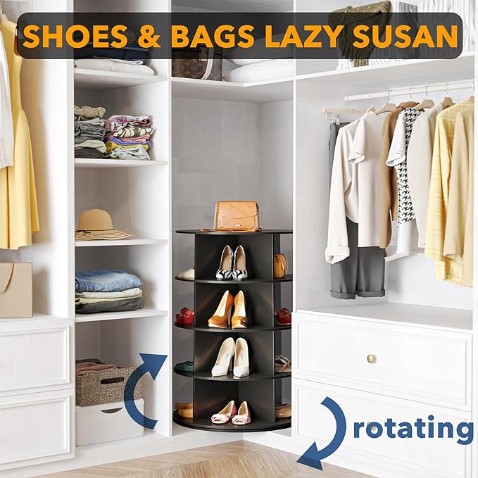 SpaceAid 4 Tier Rotating Shoe Rack Tower, Spinning Shoe Display Lazy Susan, Revolving 360 Shoe Rack Storage Round Carousel, Vertical Handbag Rotate Shoes Closet Organization (4-Tier Black)