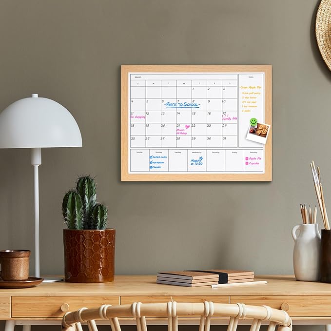 3-in-1 Dry Erase Calendar for Wall, Magnetic Monthly & Weekly Calendars Whiteboard, Dry Erase Board for Wall with Brown Wood Frame, Hanging White Board Calendar for Decor/Memo(YL+ZL-BR,4333)
