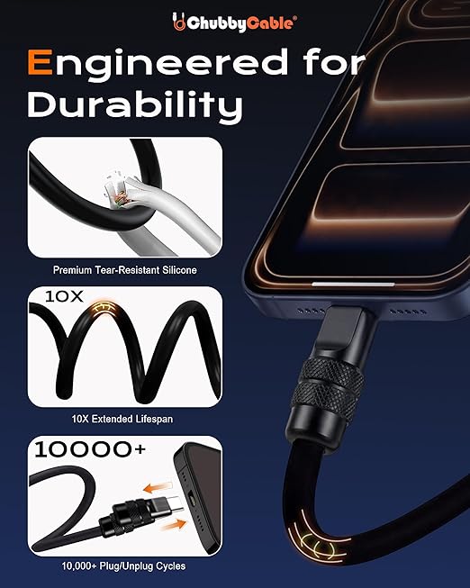chubbycable 240W Silicone USB C to C Charging Cable Black Plus 0.82FT | 6mm Extra Thick 45000+ Bend Tested 480Mbps Data Transfer E-Marker Safety Chip Tangle-Free Design