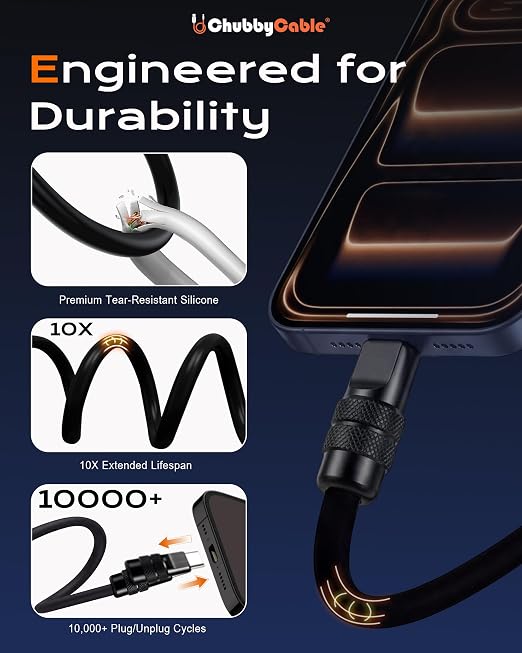 chubbycable 240W Silicone USB C to C Charging Cable Black Plus 0.82FT | 6mm Extra Thick 45000+ Bend Tested 480Mbps Data Transfer E-Marker Safety Chip Tangle-Free Design