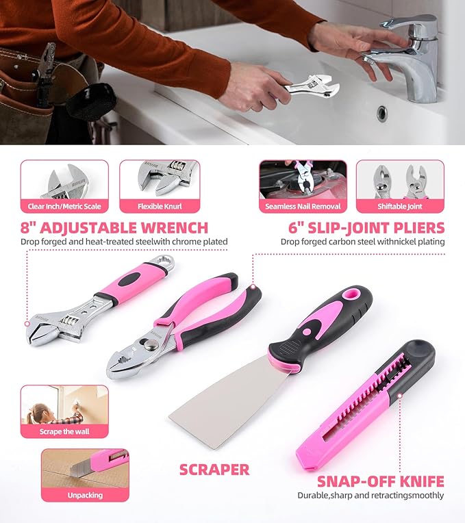 Pink Power-Screwdrivers Tool Set for Women,3.6V Power Screwdriver Cordless Rechargeable Tool Kit 143-Piece Electric Screwdriver Cordless Tool Set Pink 143PCS Tool Box
