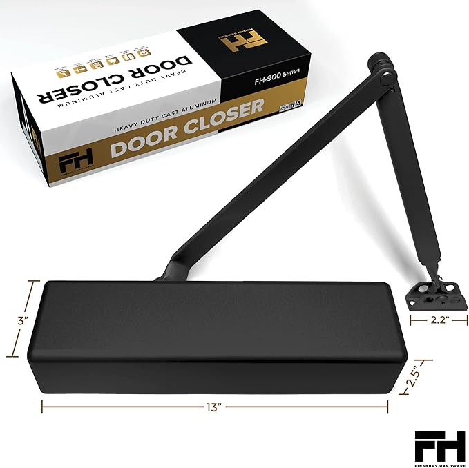 Finsbury Commercial Black Door Closer Automatic Heavy Duty High Traffic Adjustable ANSI/BHMA Grade 1 Standard, UL Listed ADA Compliant Hydraulic Backcheck Delayed Action Latch Speed 1-6 Power (Black)