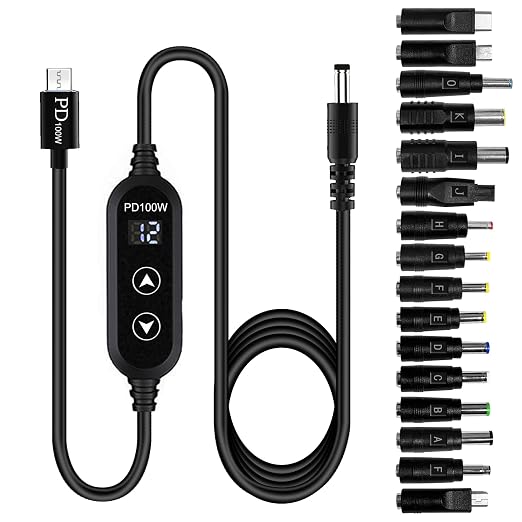 100W USB C to DC Charger Barrel PD Trigger Cable with 8 DC Conversion Heads and LED Display Screen DC 5V/9V/12V/15V/20V to DC Adapter Cable for Netbook Tablets Led Light Routers (3.9ft)