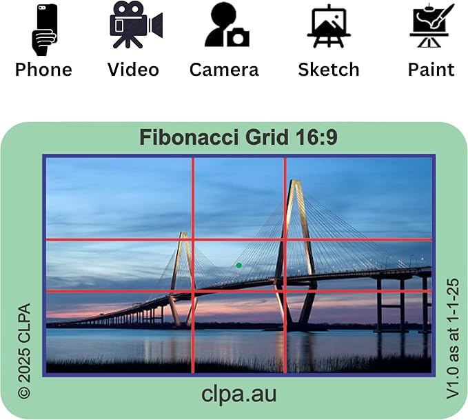 CLPA Fibonacci Viewfinder Set: Fibonacci Matrix, Grid, Spiral, and Diagonals for Art, Photography, & Video