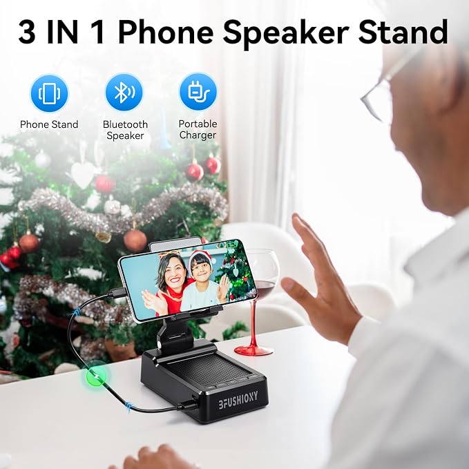 Birthday Gifts for Women Men 7 in 1 Multi-Function Phone Stand with Bluetooth Speaker Portable Charger Alarm Clock LED Light USB Playback Hands-Free Calling (Black)