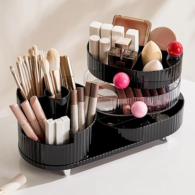 Makeup Organizer Countertop for Vanity with 360° Rotating Brush Holder, 3 Layer Cosmetic and Jewelry Storage, Makeup Display Case for Skincare&Perfume, Black
