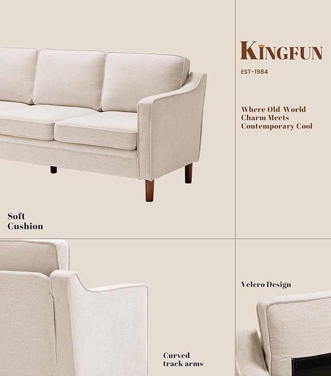 Kingfun Living Room Furniture Sets, 3 Seater Couch, Armchair and Loveseat, Mid Century Modern Sofa Set, Chenille Couch with Solid Wood Frame for Living Room & Bedroom, Beige