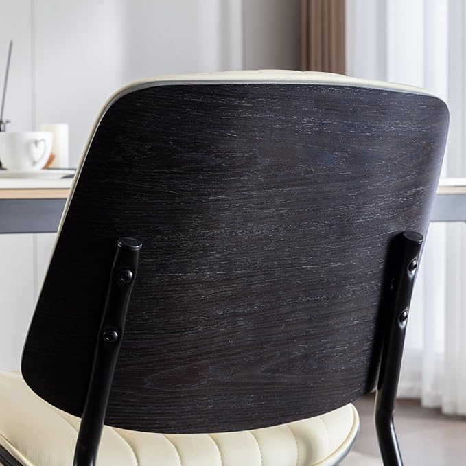 Dining Chairs Set of 2, Mid Century Modern Accent Dining Room and Kitchen Chairs, Upholstered PU Leather Vertical Stripe Chairs for Vanity with Walnut Bentwood and Metal Legs, Beige