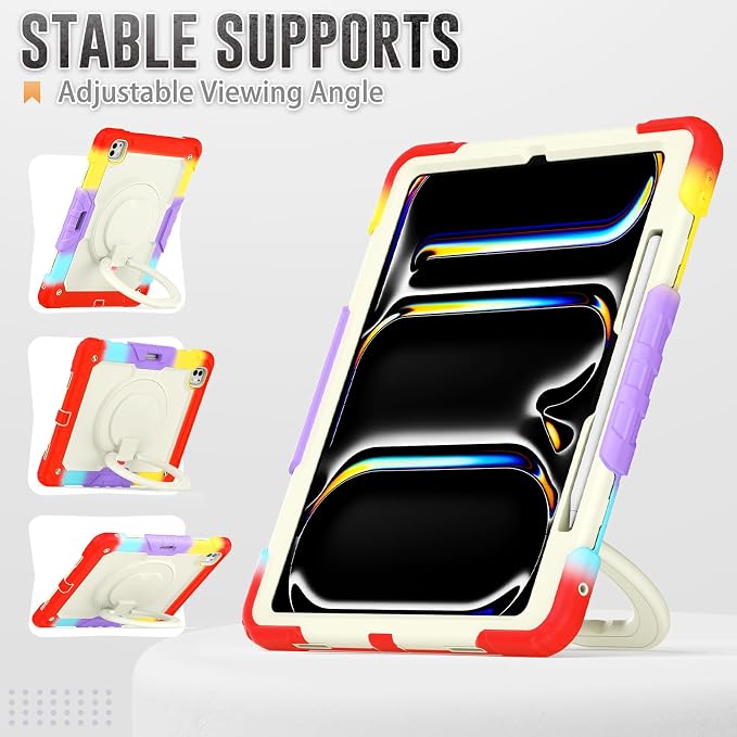 for iPad Pro 11 inch Protective Case M5 2025/M4 2024: Heavy Duty Shockproof Case with Pencil Holder - 360°Rotating Handle/Stand - Screen Protector - Shoulder Strap Black/Sky Blue