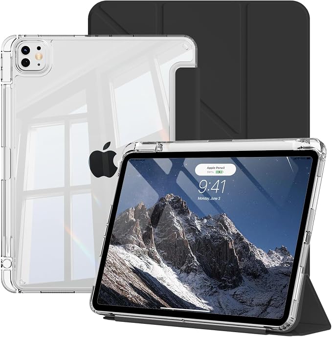 Clear Case for iPad Pro 12.9 inch 6th/5th/4th/3rd Gen with Y-fold &amp Trifold Stand Pencil Holder Support Pencil Charging [Auto Wake/Sleep] Lightweight Shockproof Hard PC Back Cover Black