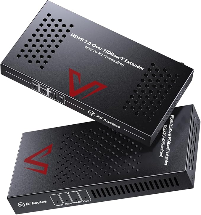 AV Access HDBaseT 4K HDMI Extender Over Cat5e/6/6a/7 4K@60Hz 130ft, 1080P@60Hz 230ft, HDR10+, HDMI 2.0 YUV4:4:4, UltraHD, HDCP 2.2, 18Gbps, Plug & Play, IR Return & PoE, Smart EDID(4KEX70-H2)