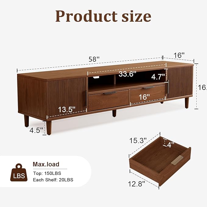 TIMBERKNOWS Mid-Century Modern TV Stand Fits TVs up to 60,Fluted TV Consoles Storage Doors and Cable Management,Entertainment Center tv Stands, for Living Room, Bedroom, Dining Room-Walunt