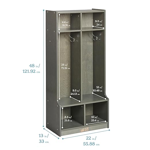 ECR4Kids 2-Section Coat Locker with Bench and Cubby Storage, Classroom Furniture, Grey Wash