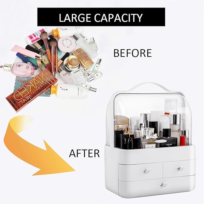 Nervure White Makeup Organizer - Cosmetic Storage Box with Lid - Makeup Organizer Storage Drawersr with Dust Free Cover and Portable Handle for Bathroom Countertop & Dresser & Gift