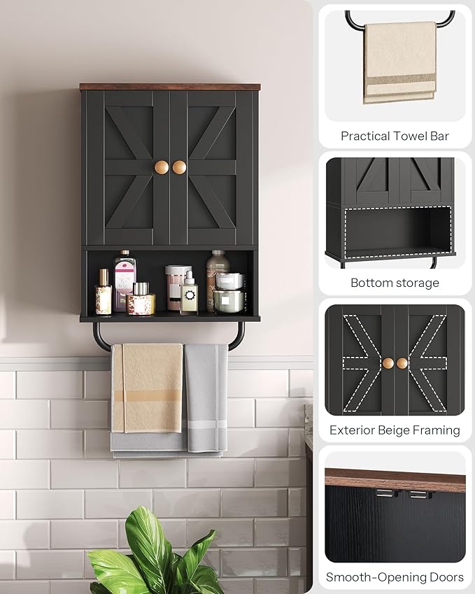 Bathroom Wall Cabinet, Medicine Cabinet with Open Partition and Towel Bar, Rustic Storage Cabinet with Open and Hidden Storage Space, for Bathroom, Living Room, Kitchen, Black and Walnut