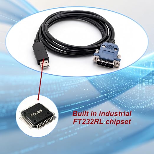 6Ft FT232RL USB to DB15 Serial Adapter Cable for YOKOGAWA Servo Drives | 1.8m 15-Pin Male RS232 Programming Cable for Industrial Automation