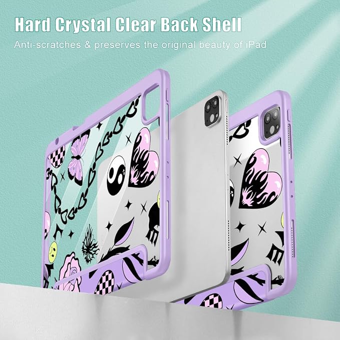 Case for iPad 12.9 Inch (6th/5th/4th/3rd Generation 2022/2021/2020/2018) Pencel Holder + Trifold Support Auto Sleep/Wake Transparent Shockproof Back Cover Abstract Floral SD163