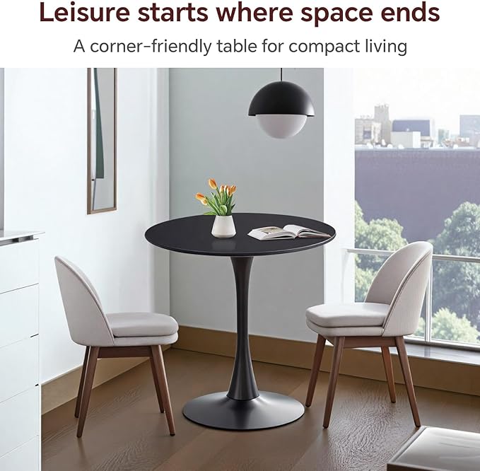 Small Space 27.5 Inch Black Round Tulip Dining Table - Modern Pedestal Base Kitchen Table for 2-4 People - Easy Assembly & Easy to Clean