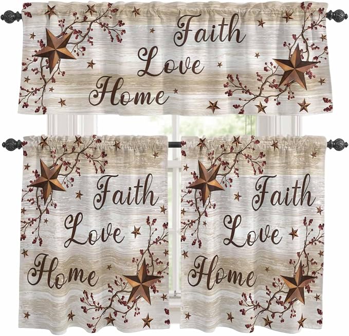 Kitchen Curtains Tiers and Valance Set of 3, Texas Star Brown Light Filtering