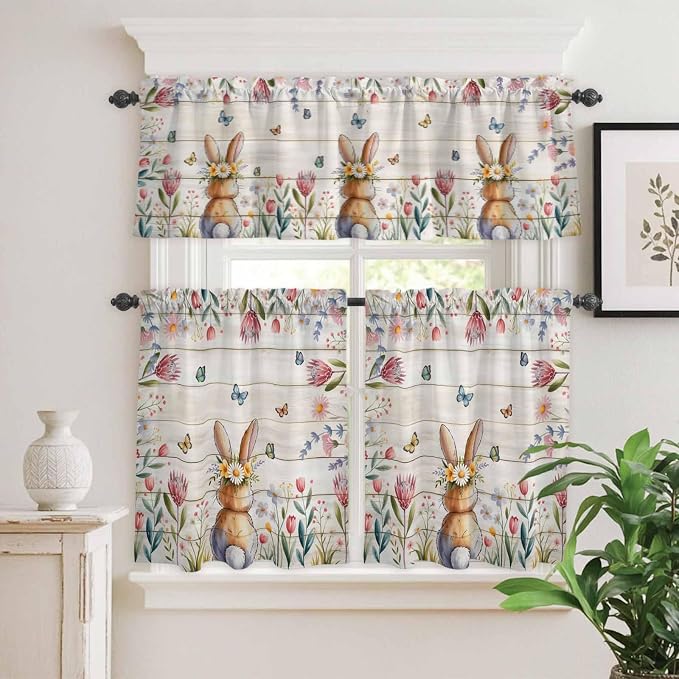 Kitchen Curtains Tiers and Valance Set of 3, Easter Light Filtering Window