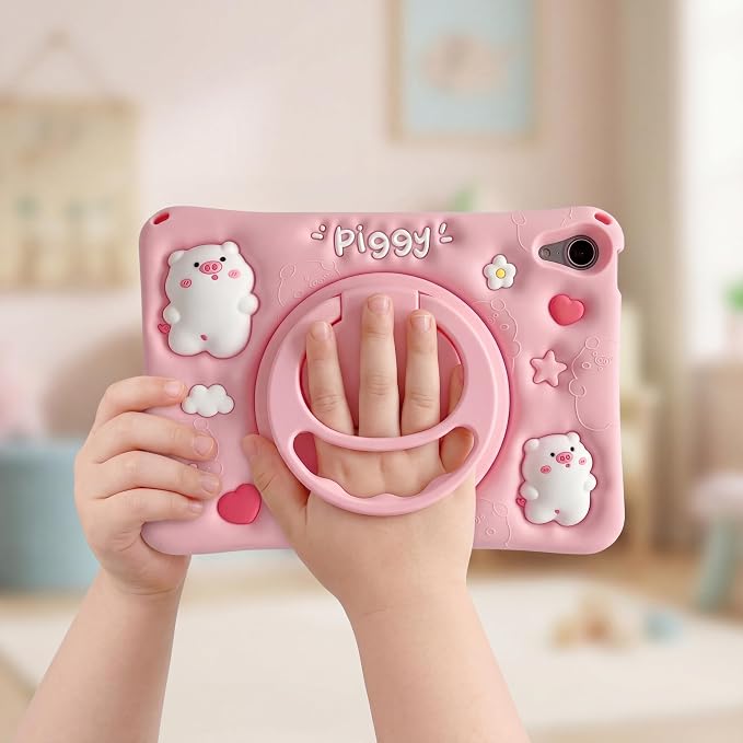 Case for iPad A16 11th / 10th Gen 10.9-Inch 3D Pig Cartoon | Cute Kawaii Cover with 360° Rotating Kickstand &amp Shoulder Strap Soft Silicone Shockproof Protective Case Pink