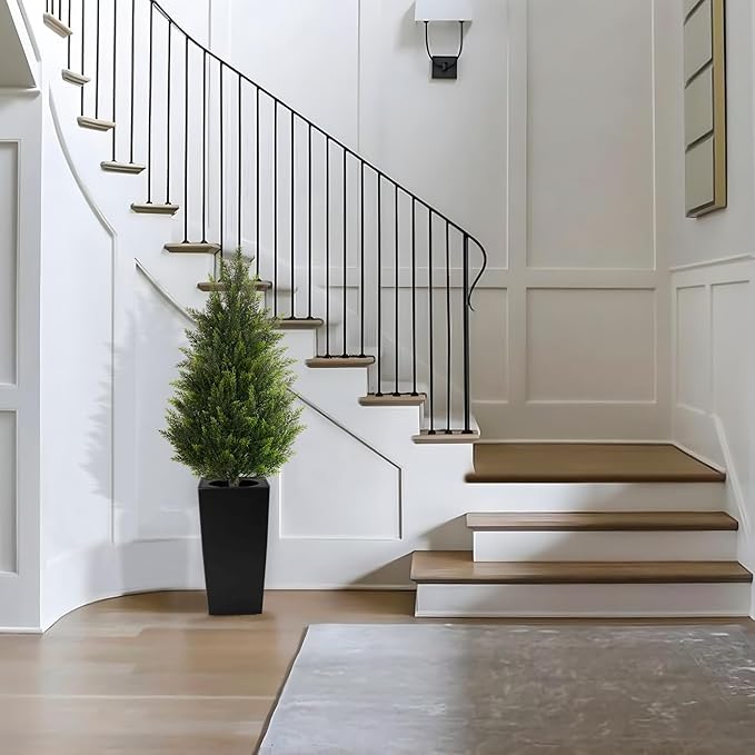 4FT Tall 2 Set Artificial Topiary Cedar Tree, Indoor Realistic Faux Cypress Plants with Square Flowerpot, Outdoor Evergreen Fake Shrubs for Home Living Room Front Porch Decor
