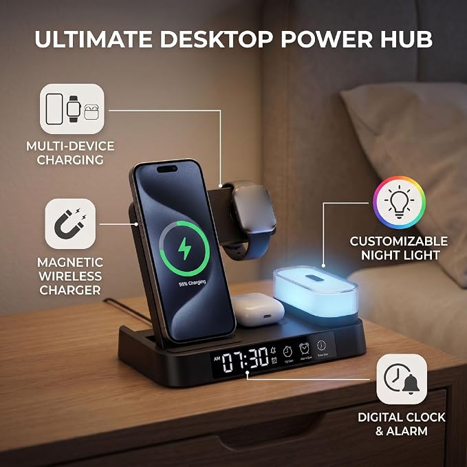 EBTOOLS 4 in 1 Magnetic Charging Station Wireless Charger Stand with LED Display Digital Clock Alarm RGB Night Light for Smartphones Watch Earbuds (Black)