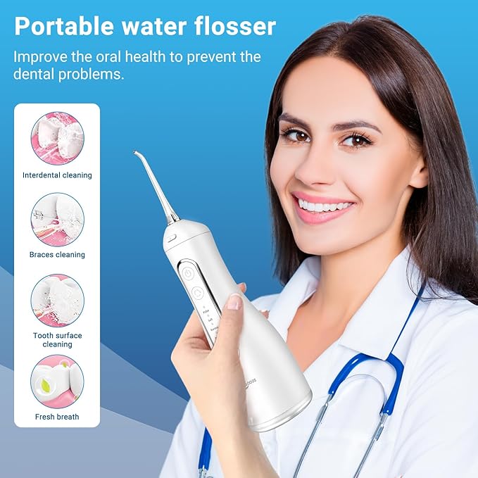 JNGOODS Cordless Water Dental Flosser Oral irrigator,JNGOODS 300ml Rechargeable Water flosser for Teeth IPX7 Waterproof 4 Modes Portable Oral Irrigator with 4 Jet Tips, Travel Home use (White)