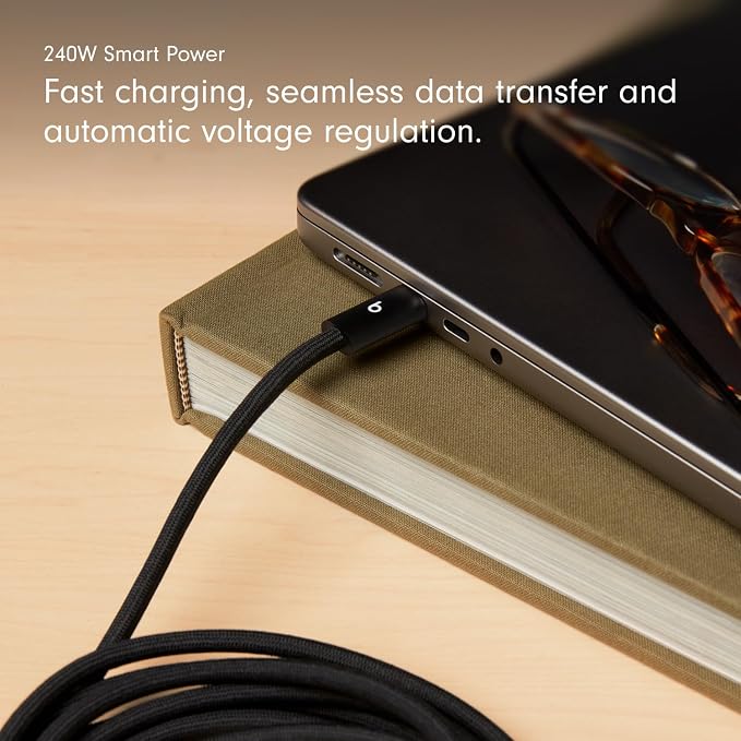 Beats 240W USB-C to USB-C Braided Cable Fast Charging Durable/Tangle Free Compatible with Apple and Android Devices (3 m/10 ft) – Bolt Black