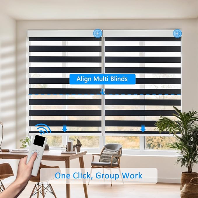 COOLWINDS Motorized Zebra Blinds for Windows Cordless Electric Curtains with Remote Control Blackout Shades Custom Smart Blinds Compatible with Alexa Google Home(Custom)