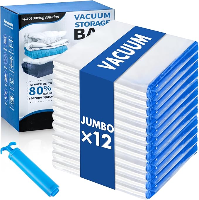 Vacuum Storage Bags with Hand Pump, 12 Jumbo Compression Space Saver Vacuum Seal Bags for Clothing, Travel, Luggage, Comforters, Blankets, Pillows, Bedding, Duvets