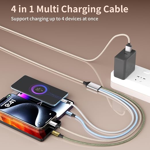 4 in 1 Multi Charging Cable 2 Pack 6FT Charging Cords for Devices | Nylon Braided USB C Car Charger Cable with Dual USB-C IP &amp Micro Ports Long Travel Charging Cord for Cars