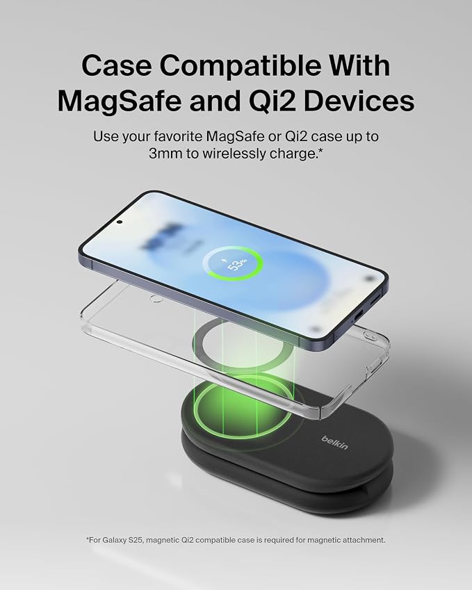 Belkin Qi2 15W Magnetic Wireless Charger 2 in 1 Foldable Non-Slip | MagSafe compatible iPhone 16 Apple Watch Samsung Galaxy S25 compatible power adapter included