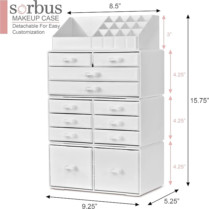Sorbus Large Makeup Organizer - Stackable Jewelry & Makeup Organizer For Vanity, Bathroom Storage, Dresser - 12 Drawers Cosmetic Beauty Organizers and Storage with Lipstick, Makeup Brush Holder