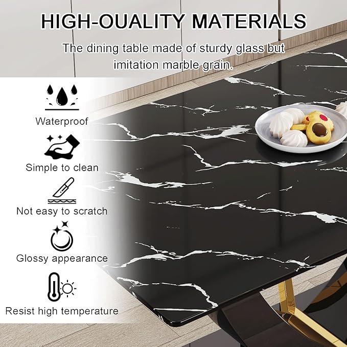71" Dining Table Set for 8, Black Faux Marble Dining Room Table Set for 8, Large Rectangular Kitchen Table Set and PU Leather Chairs,Glossy Tempered Glass Table with Black Leg
