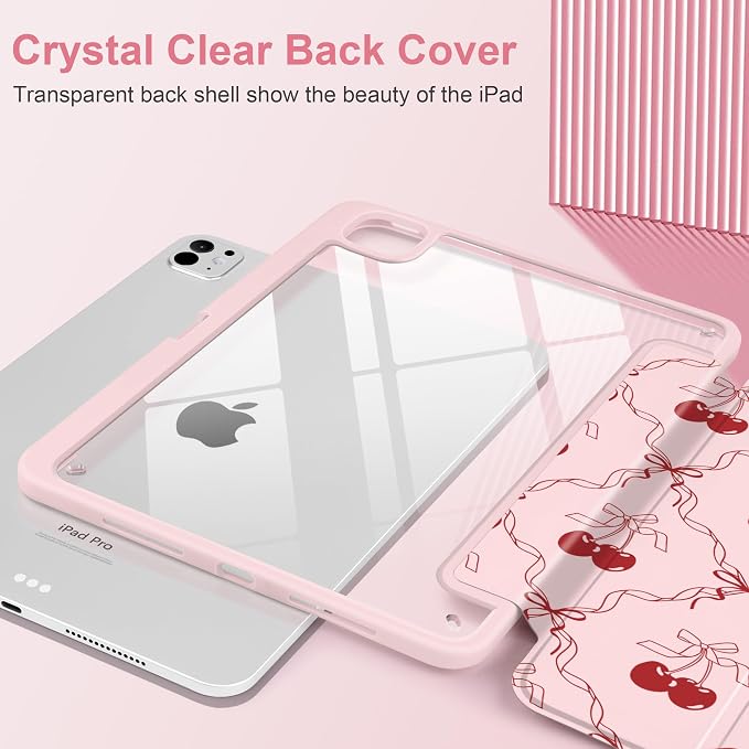 DONGKE for iPad Pro 11-Inch Case (M5 2025 / M4 2024) 6th/5th Generation [Auto Sleep/Wake &amp Pencil Pro Holder] Clear Acrylic Back Smart Trifold Stand Cover Bear &amp Cherry