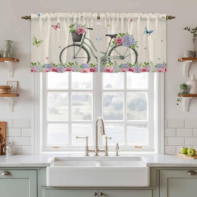 Farmhouse Spring Tier Curtains, Retro Bicycles Flowers Vines Butterfly Light