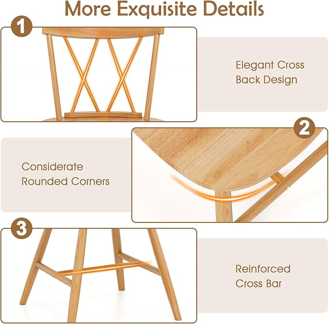 Giantex Wooden Dining Chairs Set of 4, Farmhouse Windsor Kitchen Chairs w/Cross Back, Wide Seat, Rubber Wood Frame, Armless Side Chairs for Kitchen, Dining Room, Living Room, Restaurant, Natural