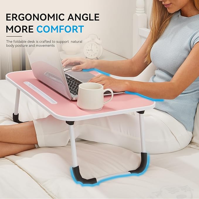 BUYIFY Folding Lap Desk, 23 Inch Portable Wood Blue Laptop Bed Desk Lap Desk with Cup Holder, for Working Reading Writing, Eating, Watching Movies for Bed Sofa Couch Floor -new008 Pink