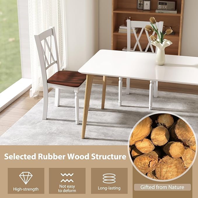 POWERSTONE Wooden Dining Chairs Set of 4, Farmhouse Kitchen Chair with High Backrest, 360 lbs Armless Dinette Seat for Kitchen, Dining Room, Living Room, White and Walnut
