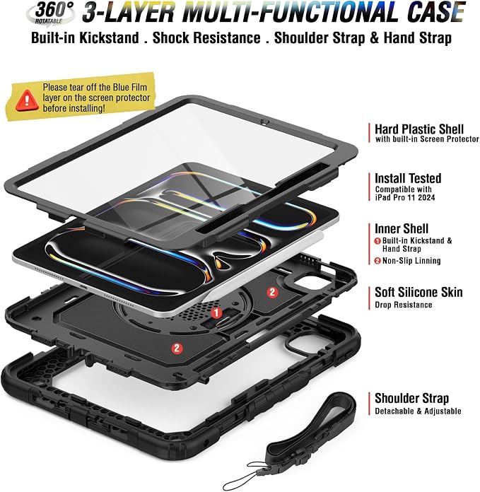 iPad Pro 11 Inch Case 2024 with Screen Protector Pen Holder | iPad Pro 11 5th Generation Case | Three Layer Shockproof Defender Protective Cover W/Stand Hand Strap for iPad A2836/A2837 | Black