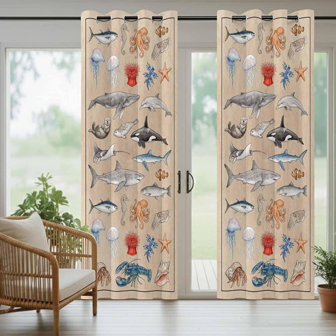 Vintage Outdoor Curtains for Patio Sharks Whales Lobsters Biographies