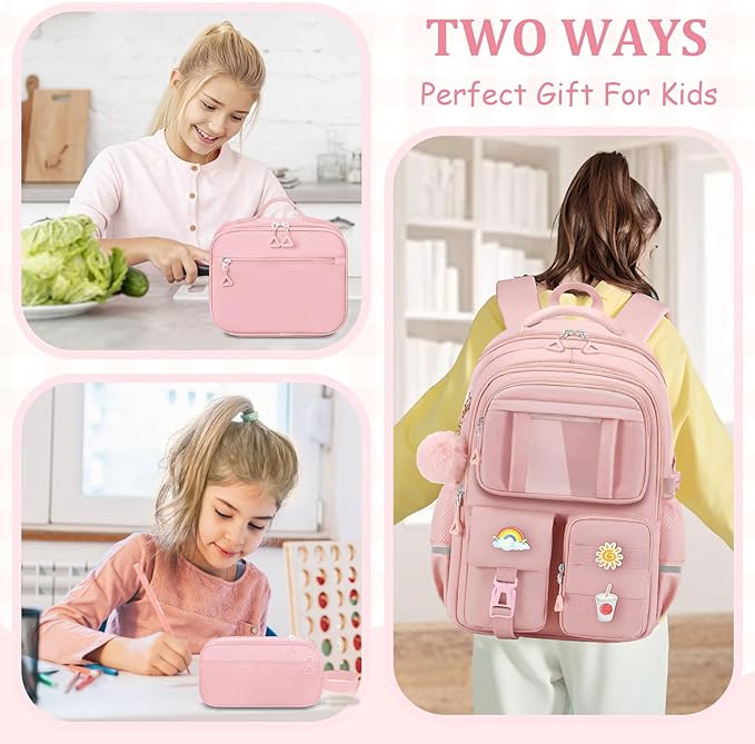 School Backpack for Girls - 5pcs Cute Girls Backpack with Lunch Box for Teens Kids Elementary Middle School - 17″ Students Bookbag Travel Back Pack for Age 6-18