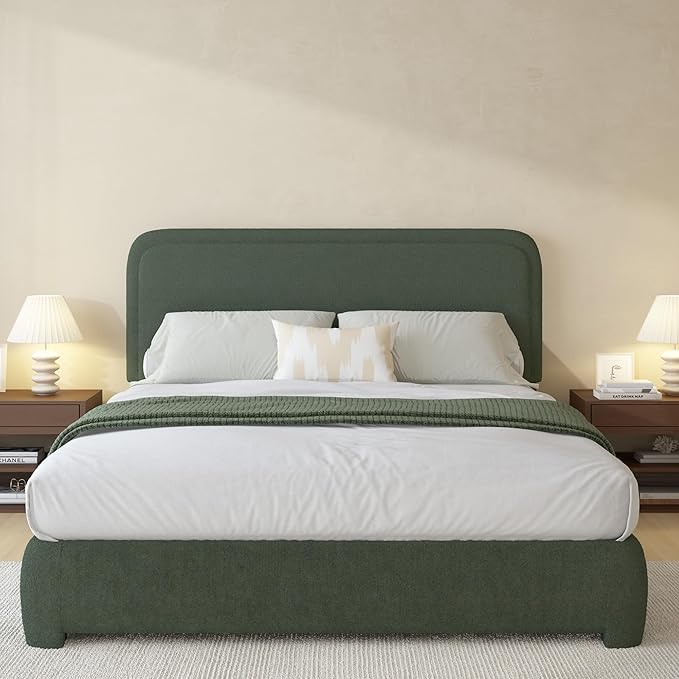BarnFurin Queen Bed Frame with Headboard, Boucle Upholstered Platform Bed with Wood Slats, Soft Rounded Corners, No Box Spring Required, Easy Assembly, Green