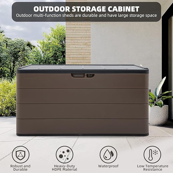 100 Gallon Plus Outdoor Storage Box Waterproof Lockable Resin Deck Box Large, Patio Storage Bin for Pool Accessories Cushion Furniture, Garden Tools, UV-Resistant Outside Delivery Brown