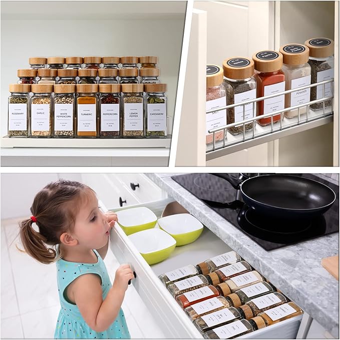 DIMBRAH Spice Jars with Label 24Pcs,Seasoning Containers,Glass Spice Jars with Bamboo Lids,Kitchen Essentials,Spices Container Set,Kitchen Set,Seasoning Organizer,Spice Rack Organizer for Cabinet