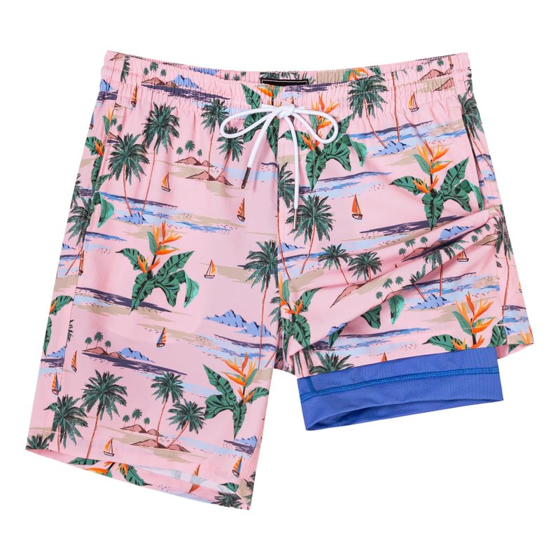 SURF CUZ Mens Swim Trunks with Compression Liner Quick Dry Swim Shorts 7" Swimming Trunks Stretch Bathing Suit 7 Inch,Pink Blue Sea,XS
