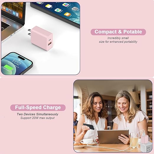 10FT iPhone 17/16e Fast Charger2Pack 20W Dual Port USB A+C QC Apple Adapter with 10 Foot USB C to C Fast Charging Cable Cord for iPhone 17Air/17Pro/17Pro Max/16/16Pro/15/15Pro/Pro Max/Plus(Blue/Pink)
